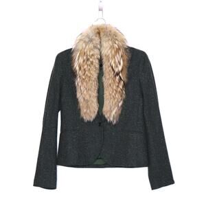 THEORY Tweed Blazer Olive Green Removable Rabbit Fur Collar Jacket Women's 8
